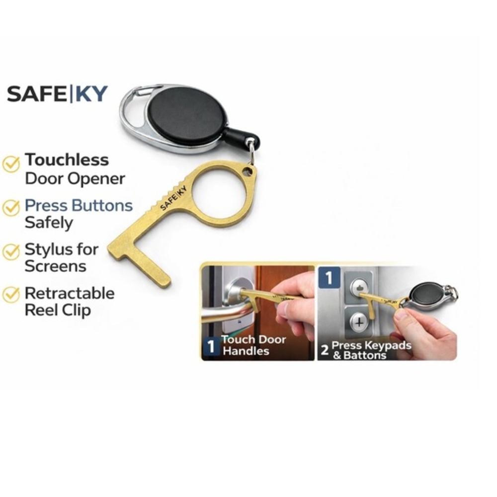 Safe-Key Brass No‎ Touch Door Opener Tool Retractable Carabiner Reel Gold J-01